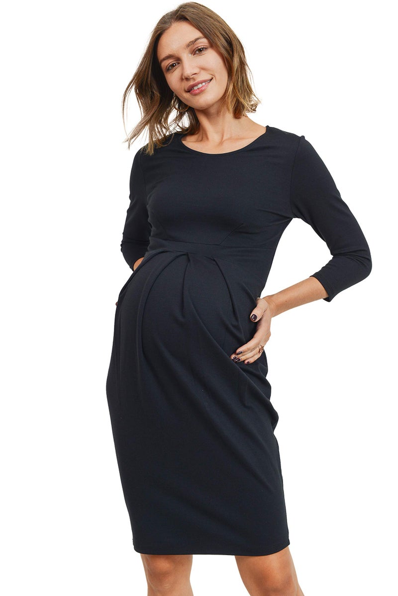 LaClef Womens Knee-Length Midi Maternity Dress with Front Pleat Long Sleeve (Â¾ Sl Black, Medium) - Image 1